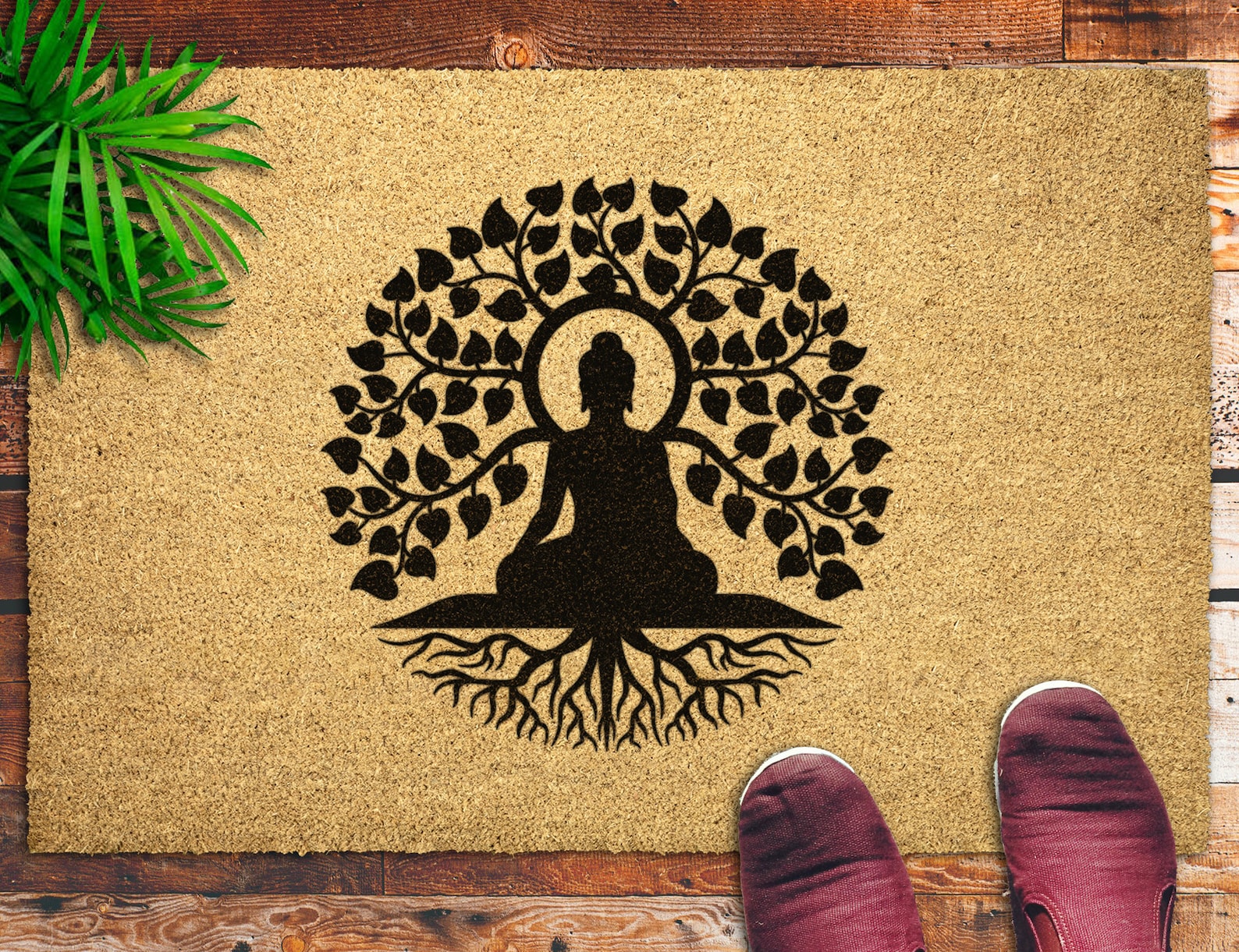 Buddha Tree of Life Doormat Zen Welcome Mat Coir Outdoor Entryway Rug Porch Decor