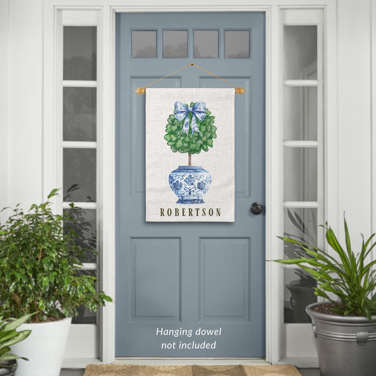 Chinoiserie Garden Flag Custom Topiary Door Hanger Preppy Bow Seasonal Garden Decor Outdoor Patio Porch Welcome Sign Front Door Yard Art