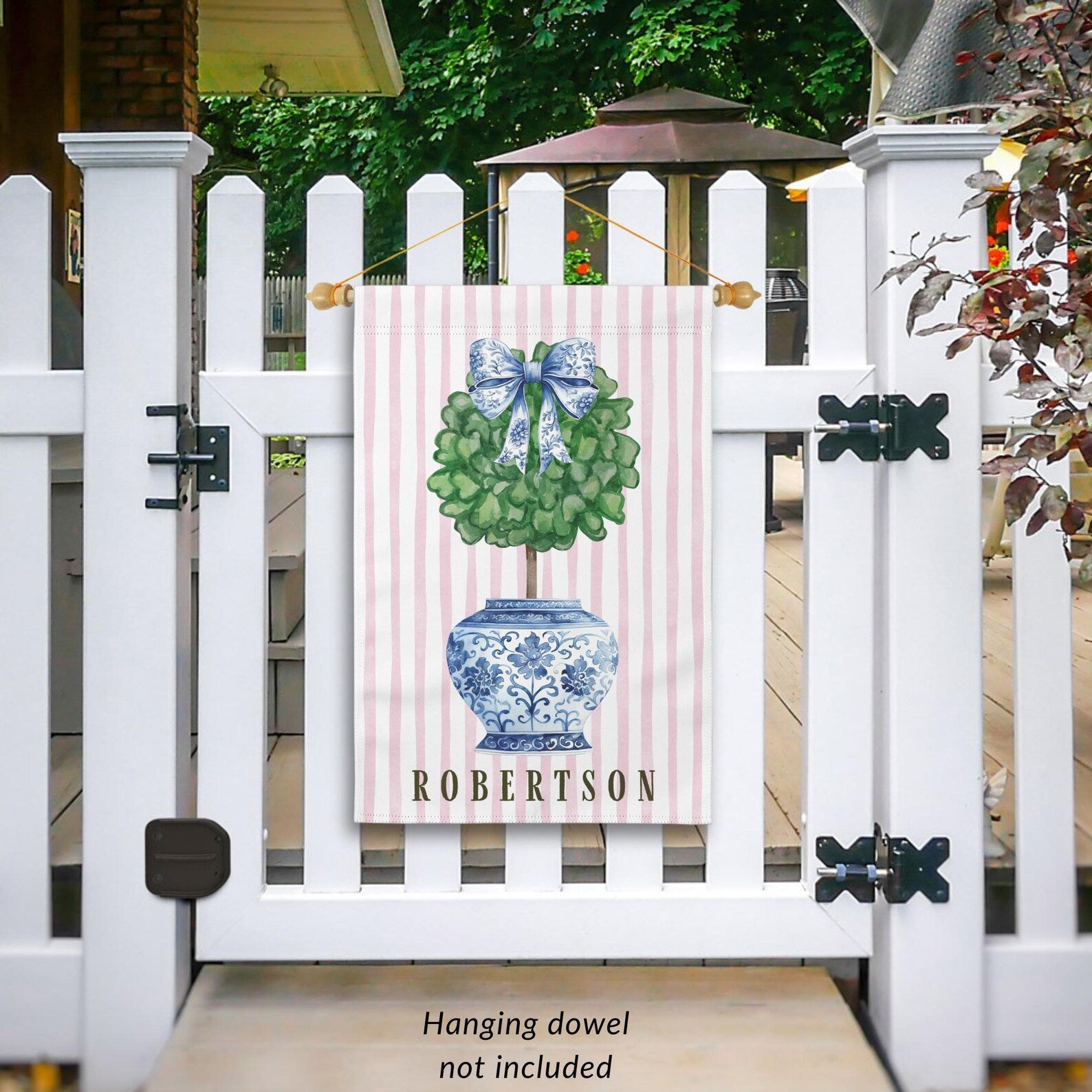 Chinoiserie Garden Flag Custom Topiary Door Hanger Preppy Bow Seasonal Garden Decor Outdoor Patio Porch Welcome Sign Front Door Yard Art
