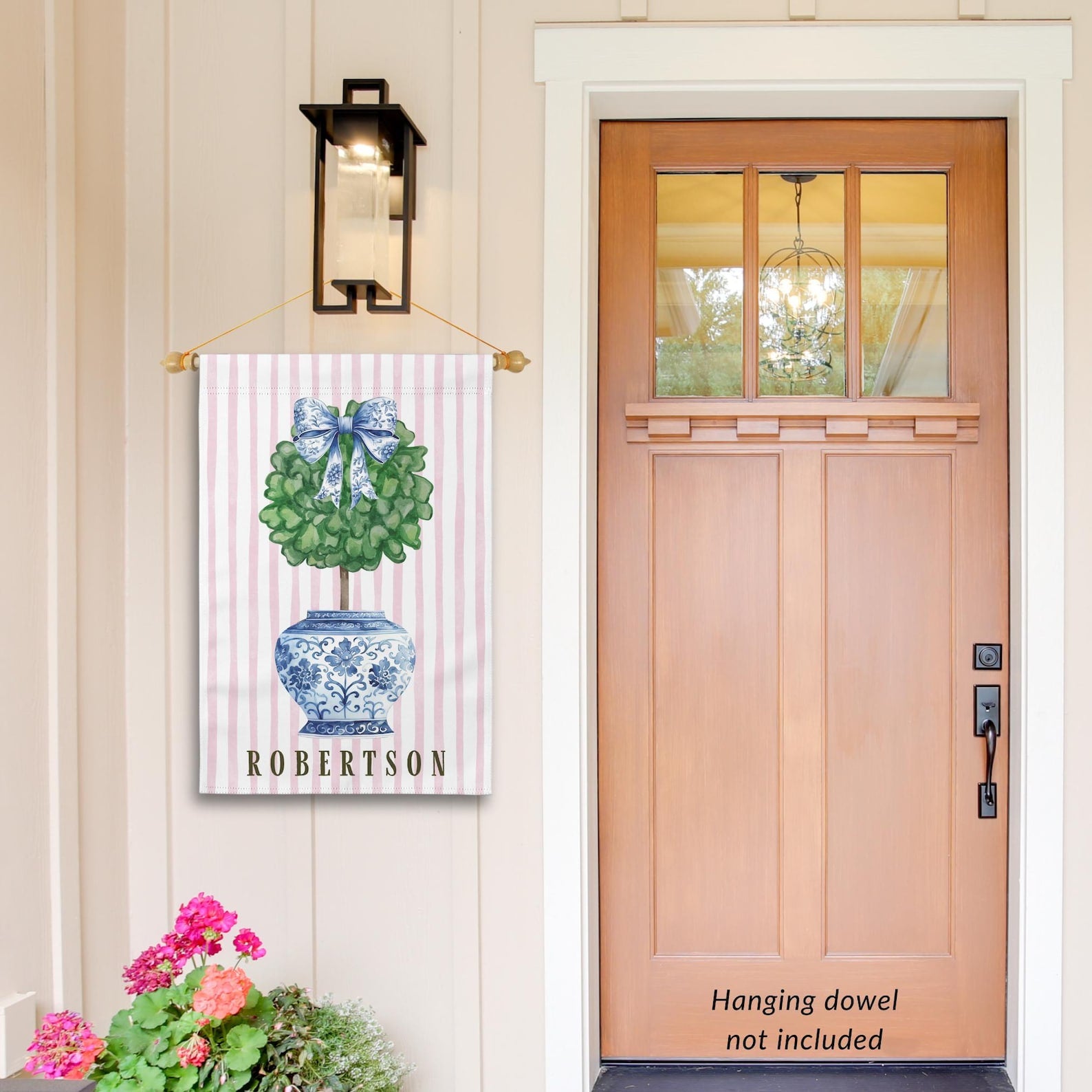 Chinoiserie Garden Flag Custom Topiary Door Hanger Preppy Bow Seasonal Garden Decor Outdoor Patio Porch Welcome Sign Front Door Yard Art