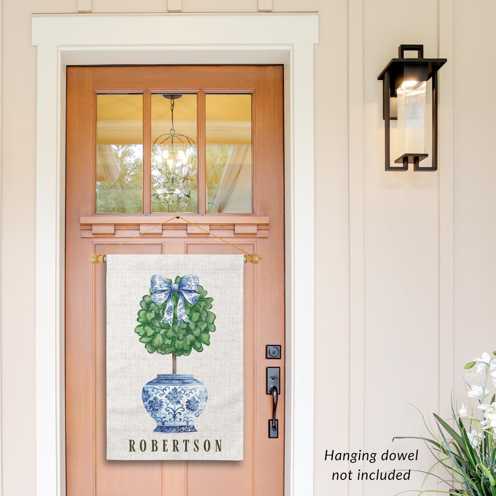 Chinoiserie Garden Flag Custom Topiary Door Hanger Preppy Bow Seasonal Garden Decor Outdoor Patio Porch Welcome Sign Front Door Yard Art