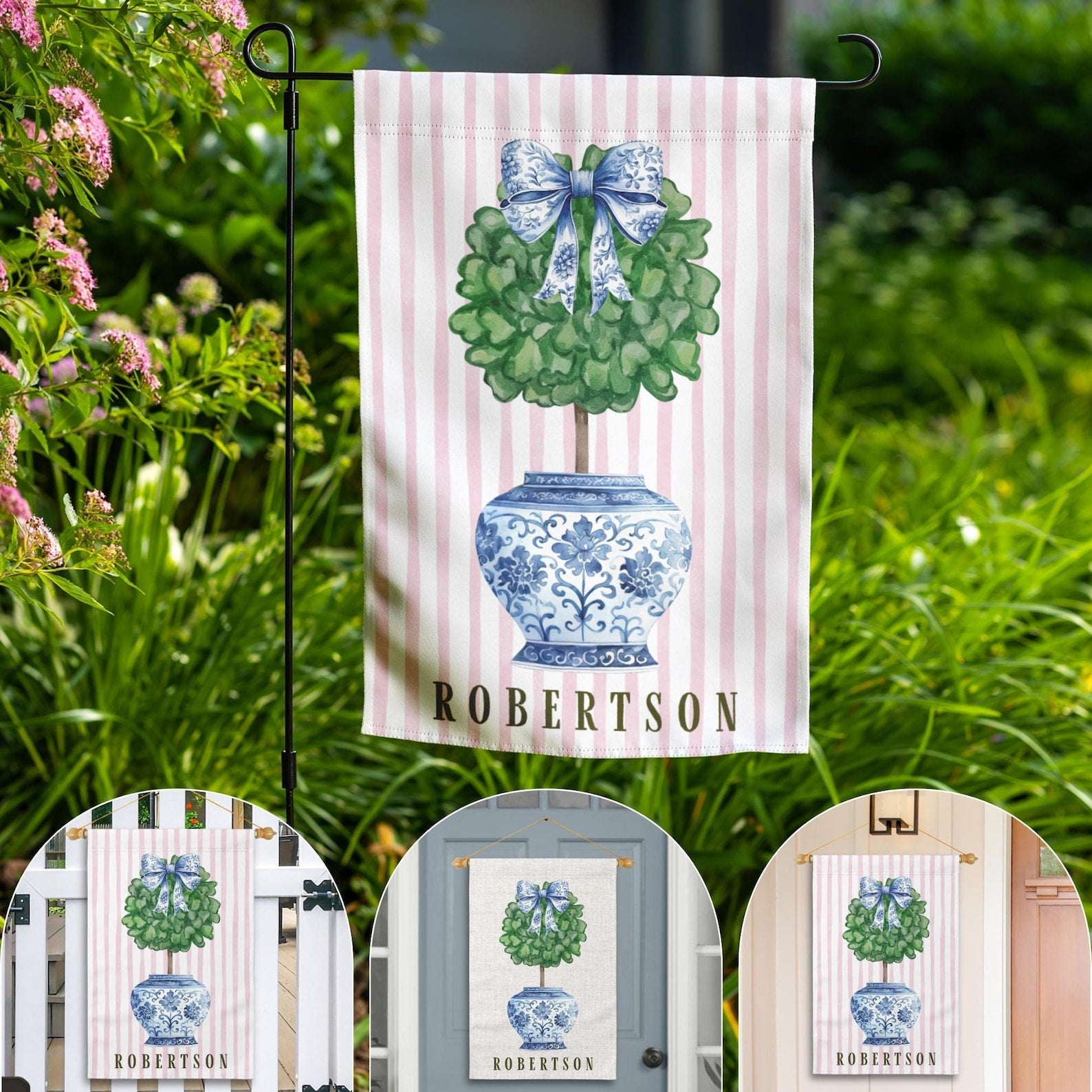 Chinoiserie Garden Flag Custom Topiary Door Hanger Preppy Bow Seasonal Garden Decor Outdoor Patio Porch Welcome Sign Front Door Yard Art