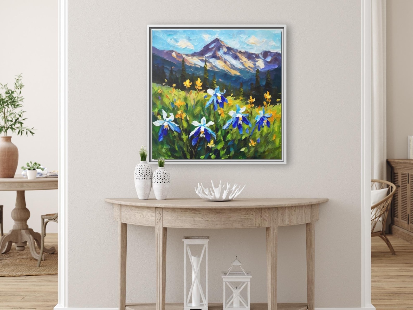 Colorado Columbine Art Framed Canvas Wall Art or Poster Print Colorado State Flower Mountain Landscape Original Painting Artwork