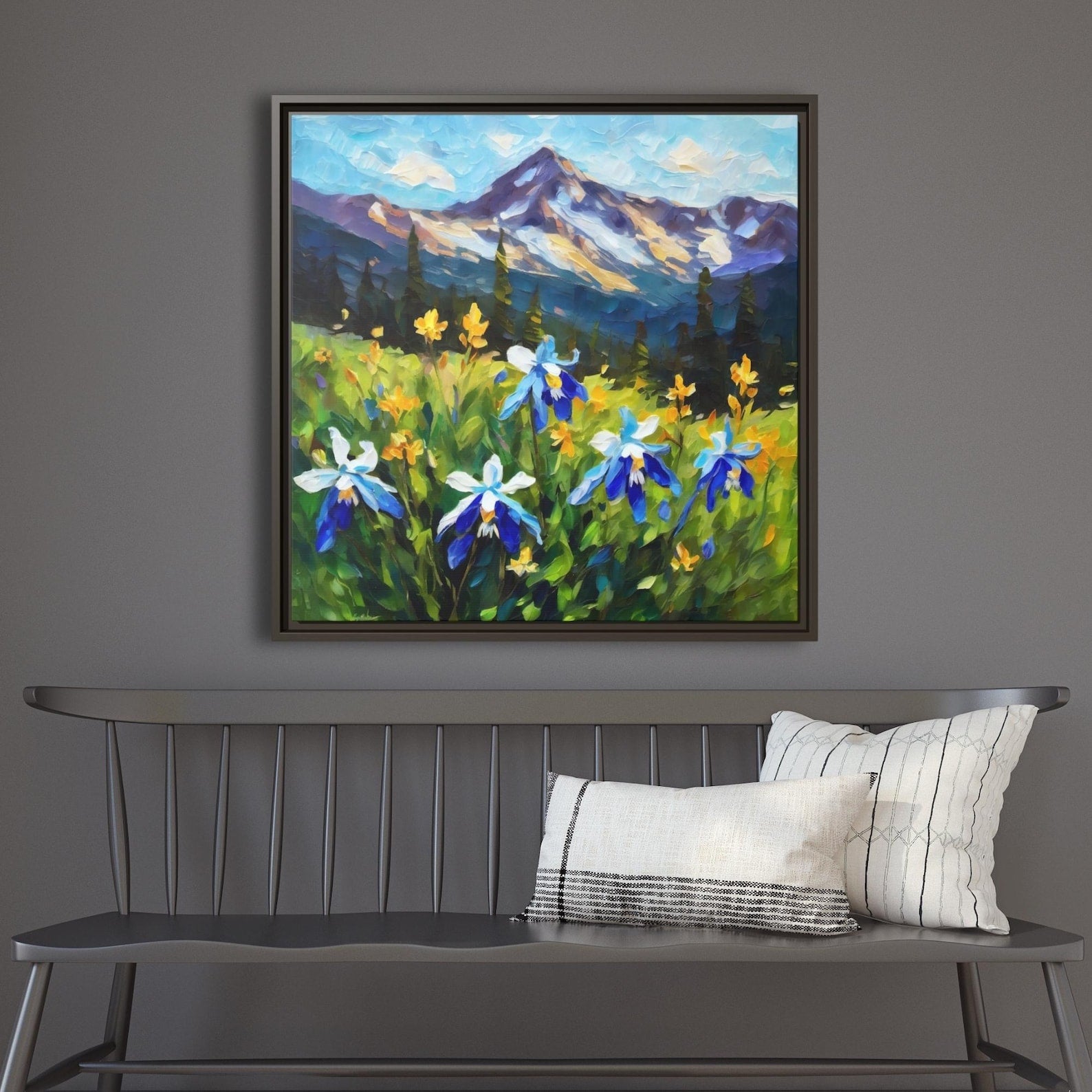Colorado Columbine Art Framed Canvas Wall Art or Poster Print Colorado State Flower Mountain Landscape Original Painting Artwork