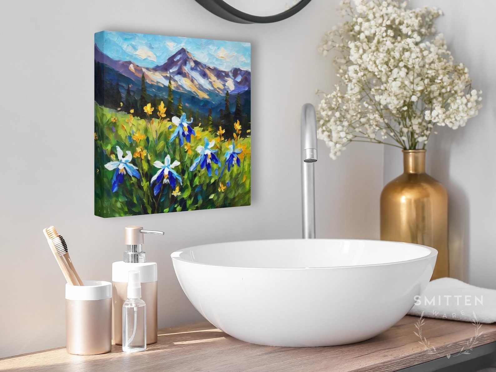 Colorado Columbine Art Framed Canvas Wall Art or Poster Print Colorado State Flower Mountain Landscape Original Painting Artwork