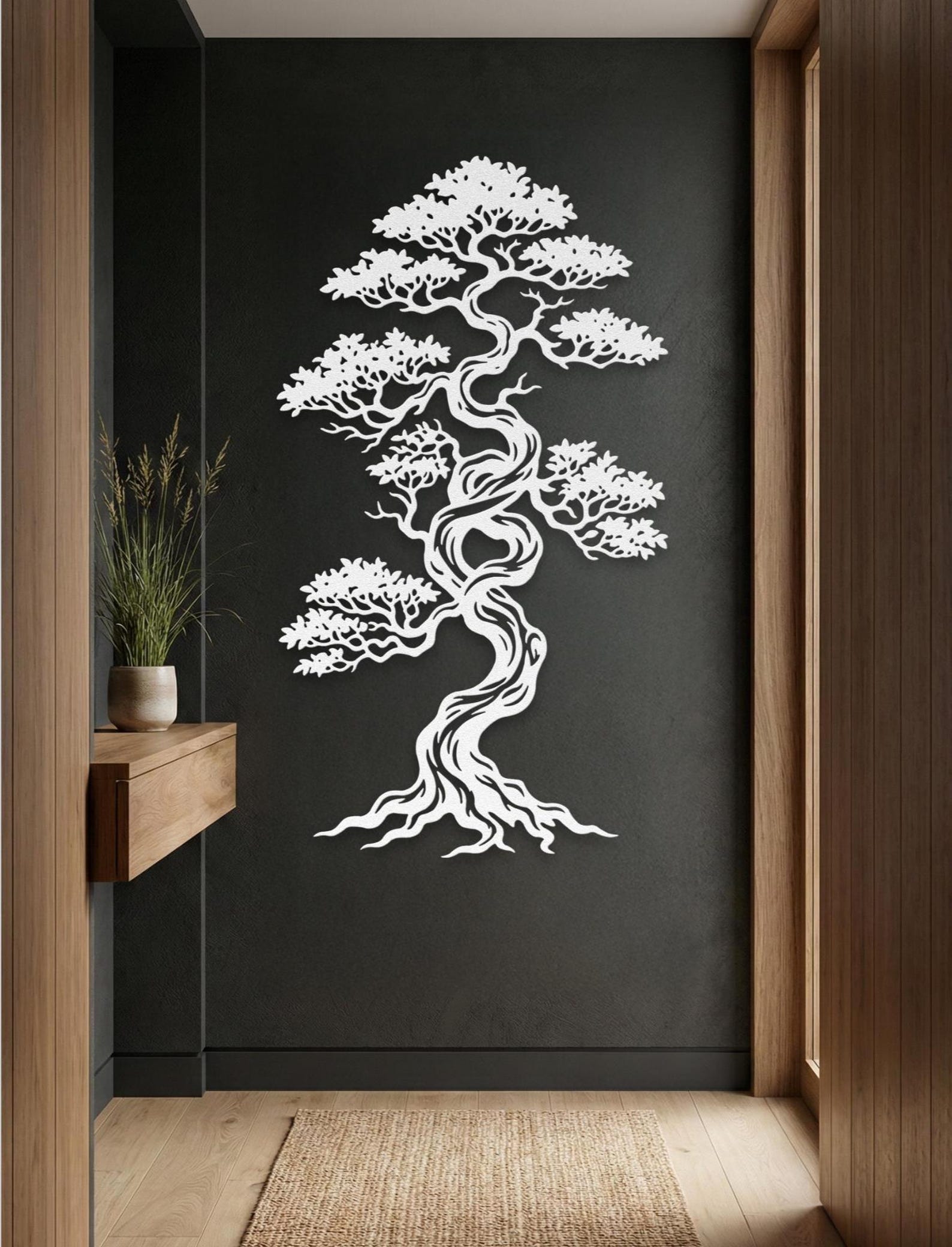 Bonsai Tree Wall Art Metal Japandi Decor Tall Narrow Sign Outdoor Zen Garden Oversized Japanese Art Extra Large Vertical Asian Art