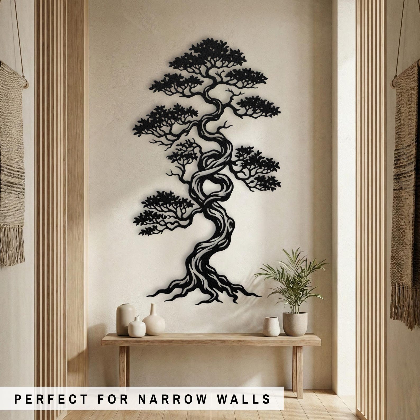 Bonsai Tree Wall Art Metal Japandi Decor Tall Narrow Sign Outdoor Zen Garden Oversized Japanese Art Extra Large Vertical Asian Art