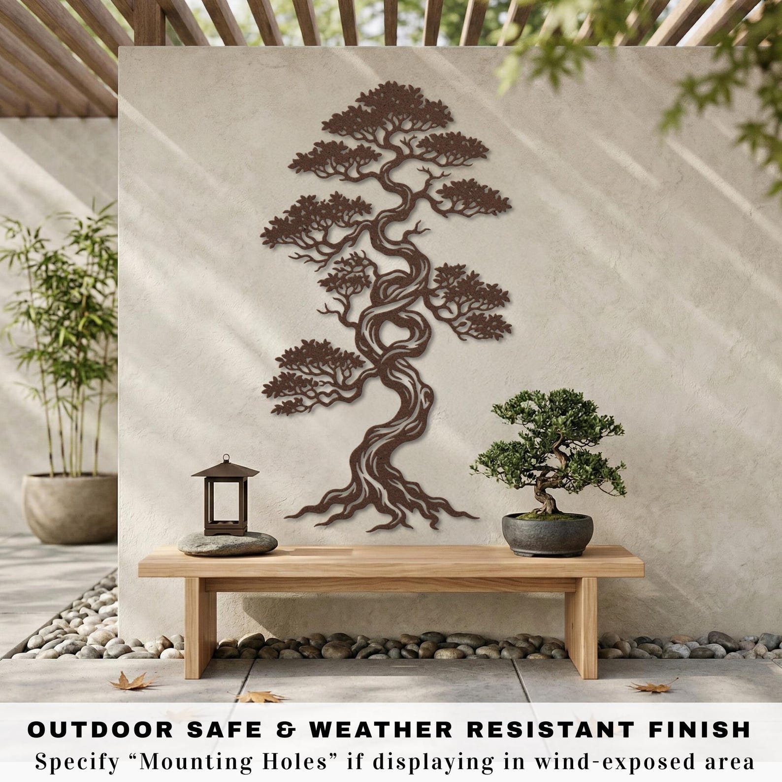Bonsai Tree Wall Art Metal Japandi Decor Tall Narrow Sign Outdoor Zen Garden Oversized Japanese Art Extra Large Vertical Asian Art