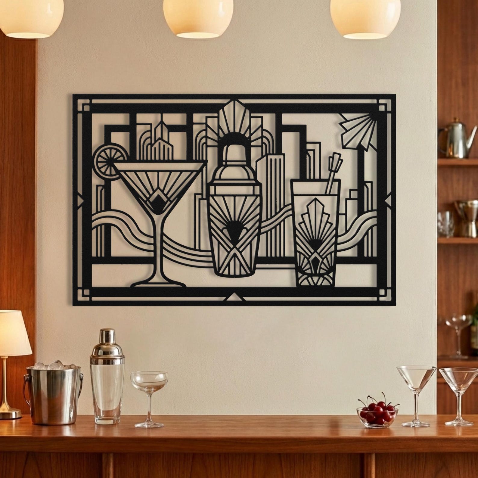 Art Deco Cocktail Art Metal Bar Cart Sign Speakeasy Decor Wide Horizontal Over Cabinet Lounge Decor Great Gatsby Martini 1920s