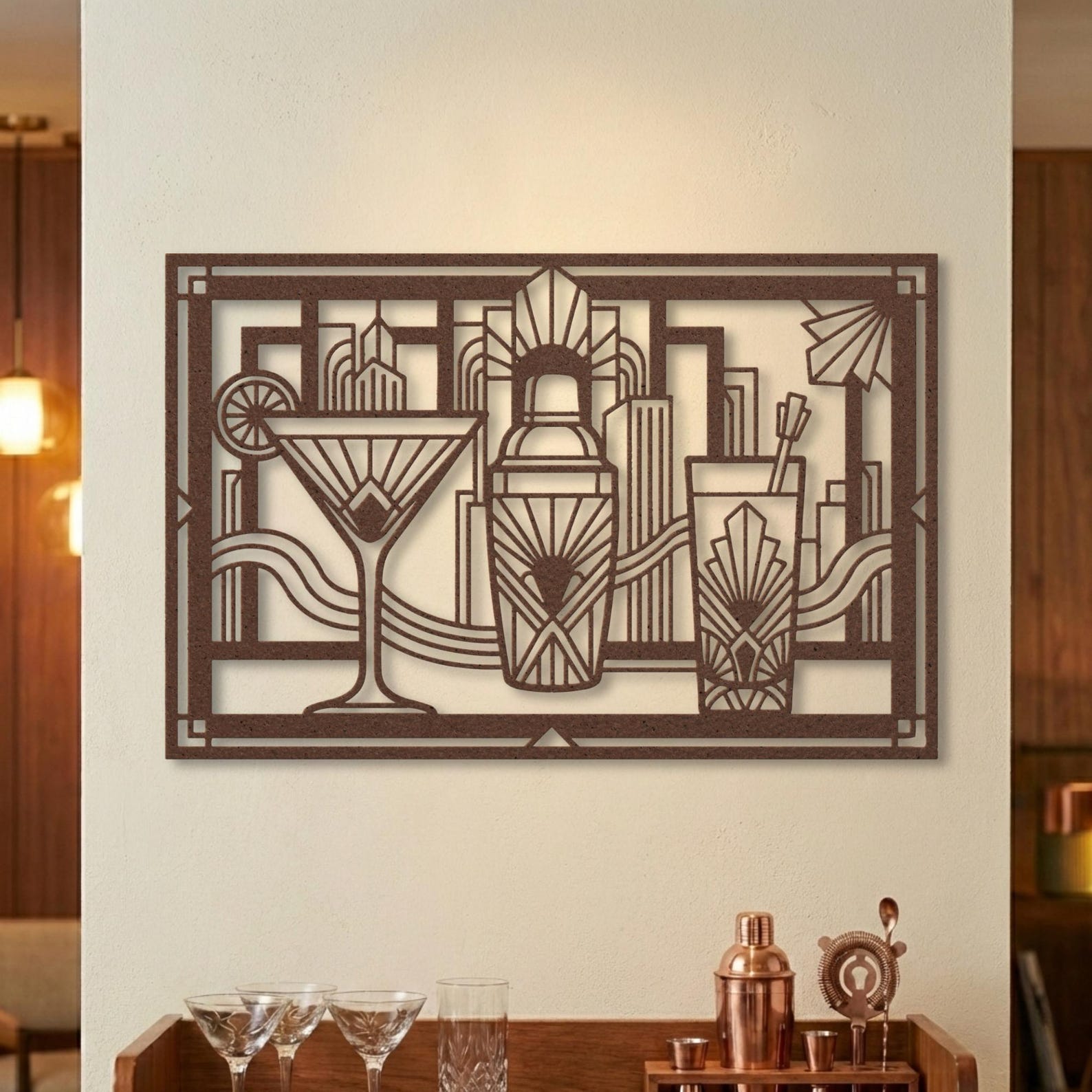 Art Deco Cocktail Art Metal Bar Cart Sign Speakeasy Decor Wide Horizontal Over Cabinet Lounge Decor Great Gatsby Martini 1920s