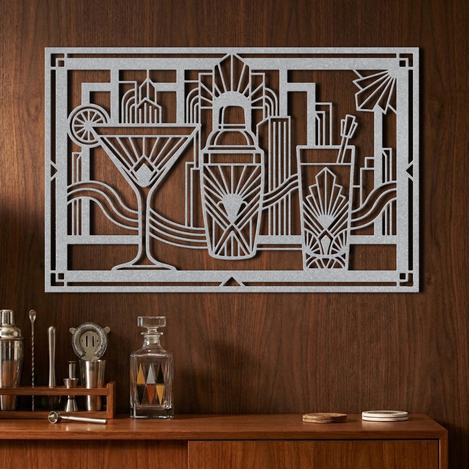 Art Deco Cocktail Art Metal Bar Cart Sign Speakeasy Decor Wide Horizontal Over Cabinet Lounge Decor Great Gatsby Martini 1920s