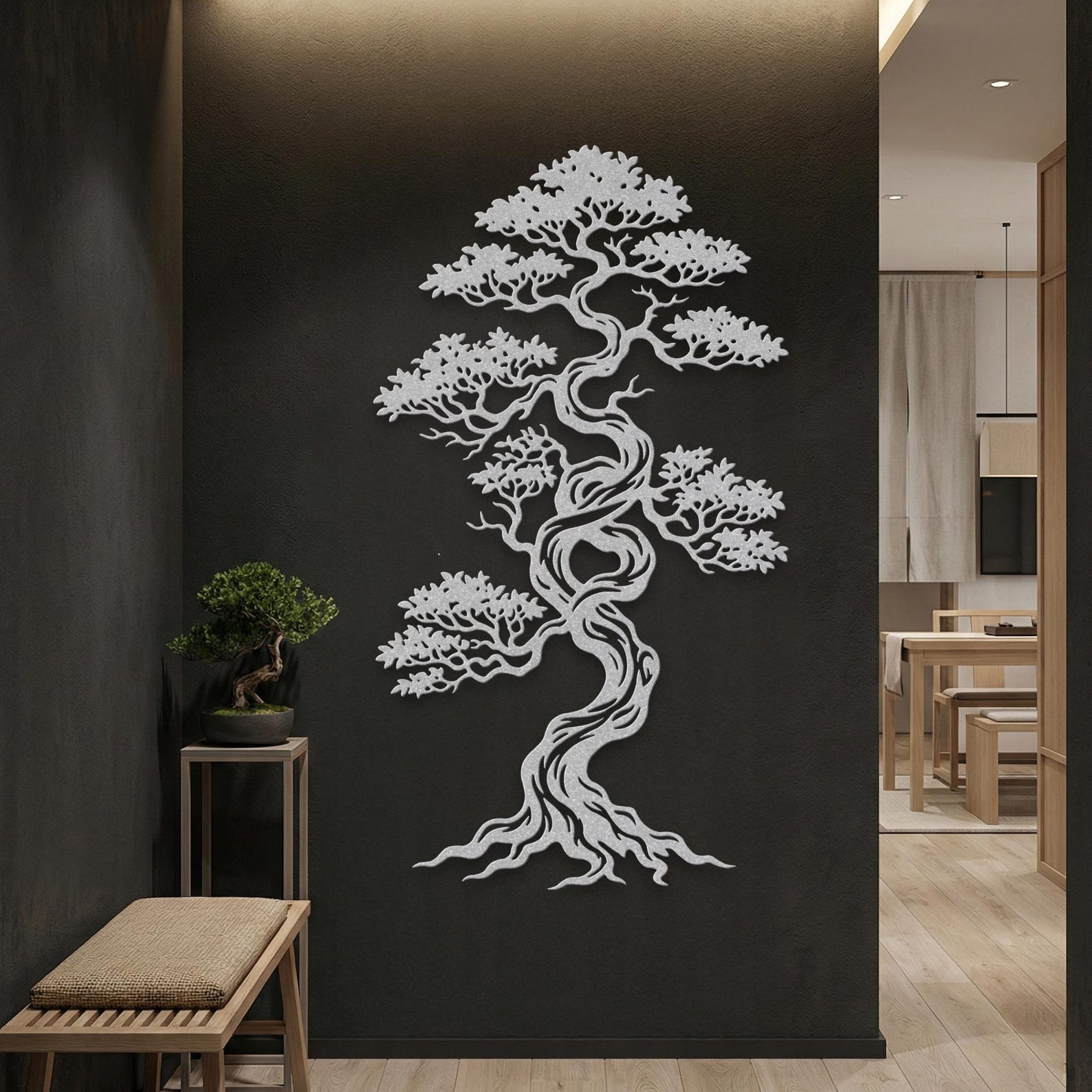 Bonsai Tree Wall Art Metal Japandi Decor Tall Narrow Sign Outdoor Zen Garden Oversized Japanese Art Extra Large Vertical Asian Art