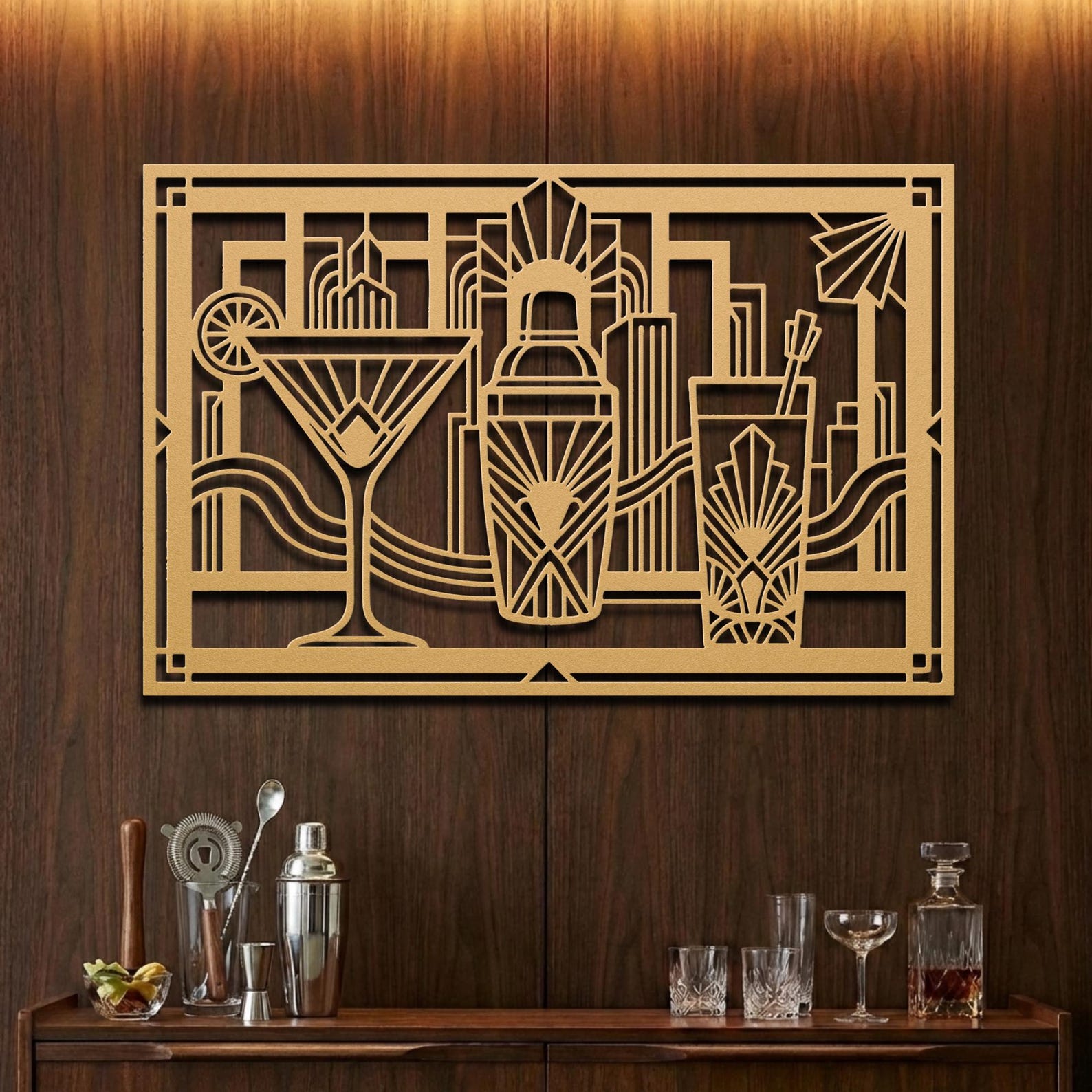 Art Deco Cocktail Art Metal Bar Cart Sign Speakeasy Decor Wide Horizontal Over Cabinet Lounge Decor Great Gatsby Martini 1920s